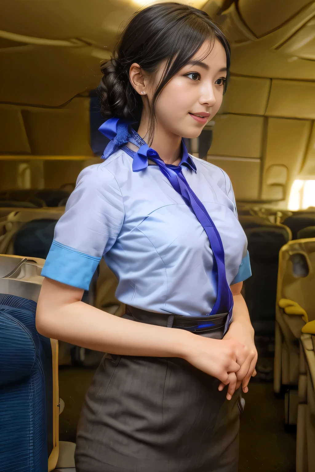 （ANA cabincrew uniform）、（Short sleeve light blue blouse）、（Scarf around the neck）、（Long hair updo、Chignon）、２５Old Japanese woman、smile