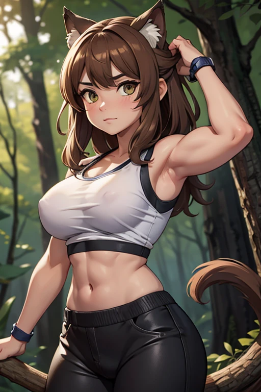 por kenket, por totesfleisch8, (por thebigslick, por silverfox5213:0.8), (por syuro:0.2),, rey-adelaida, Dos , (mejor calidad, obra maestra:1), solo, antro femenino peludo, ojos verdes, vendas para los brazos, pelo largo, Light brown hair, retrato, dedos, garras de dedo, mirando al espectador, cola felina, fuerte, muscular, Corona, (outdoor dark forest trees blurred blurred background:1.1), abdominales marcados, sin camiseta, mujer