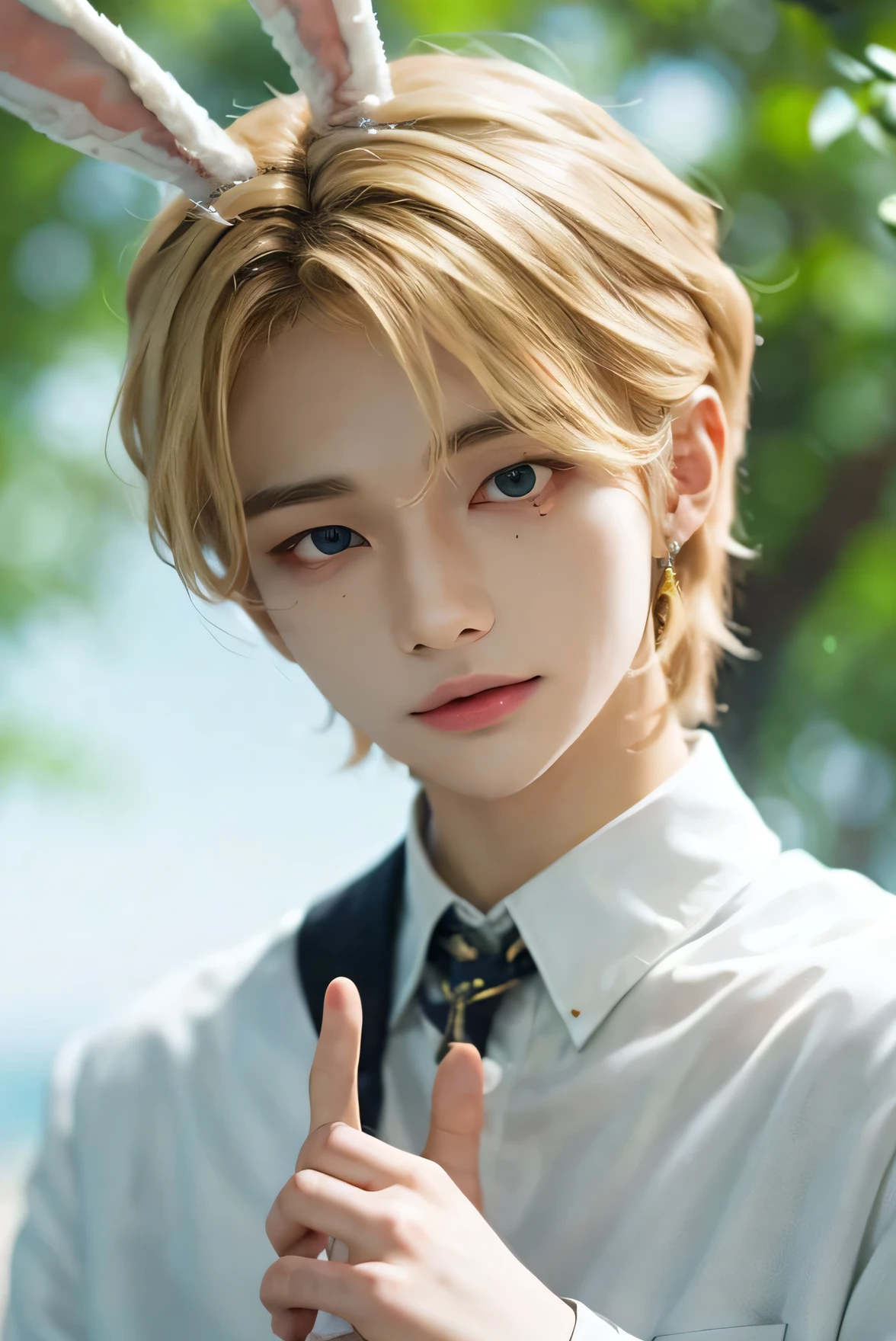 european boy portrait,alone,20 years,beautiful face,medium curl cut, blonde hair, sharp focus,white clothes, green beautiful and cute eyes, inocent face, curl hair and two withe bunny ears