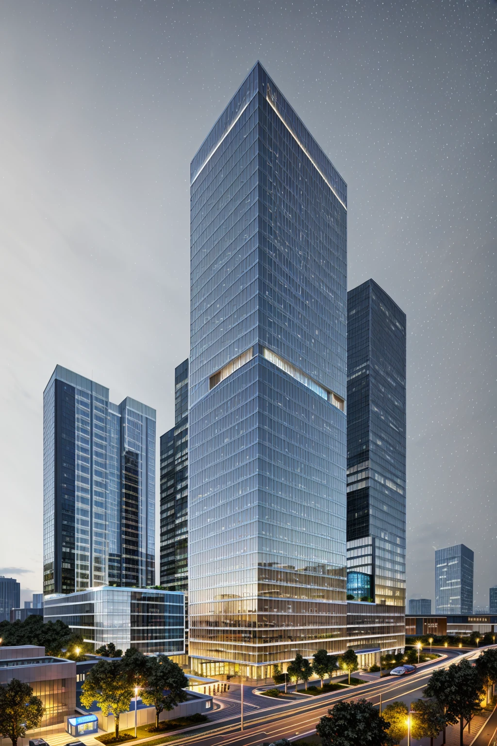 (masterpiece, best quality:1.2), rendering of a modern office building ,hotel, office building ,city landscape,    glass window, 4K, night scene, night light, night sky, ((blue light))