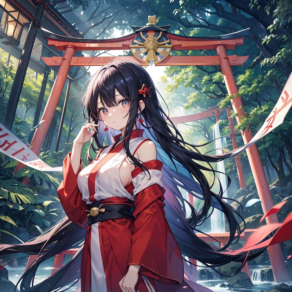 anime、Vibrant colors、Beauty、20-year-old、Rin々Shii、Calm、Black Hair、Long Hair、Straight Hair、The bangs are cut above the eyebrows、Narrow eyes、Slanted Eyes、Bright eyes、Sparkling eyes、Large Breasts、in the forest、shrine、10 large red torii gates、waterfall