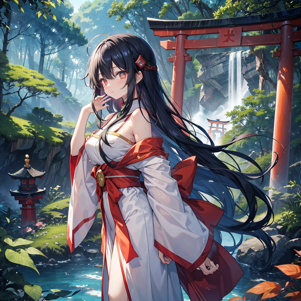 anime、Vibrant colors、Beauty、20-year-old、Rin々Shii、Calm、Black Hair、Long Hair、Straight Hair、The bangs are cut above the eyebrows、Narrow eyes、Slanted Eyes、Bright eyes、Sparkling eyes、Large Breasts、in the forest、shrine、10 large red torii gates、waterfall
