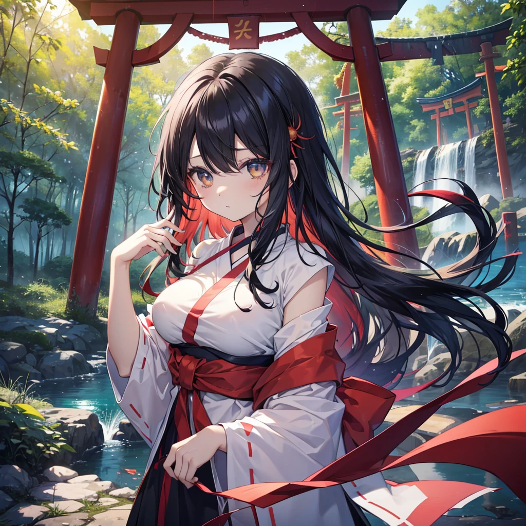 anime、Vibrant colors、Beauty、20-year-old、Rin々Shii、Calm、Black Hair、Long Hair、Straight Hair、The bangs are cut above the eyebrows、Narrow eyes、Slanted Eyes、Bright eyes、Sparkling eyes、Large Breasts、in the forest、shrine、10 large red torii gates、waterfall