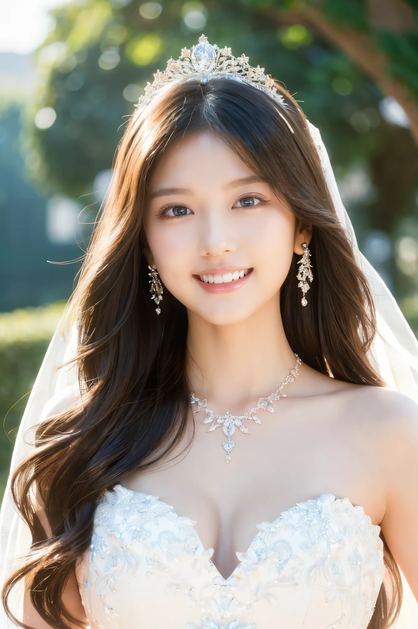 (highest quality、Tabletop、8k、Best image quality、Award-winning works)、One beautiful bride、(alone:1.1)、(The most extravagant and gorgeous huge wedding dresses:1.1)、(Perfect Wedding Lace:1.2)、(The most extravagant and luxurious giant tiara:1.1)、(The most extravagant and luxurious giant necklace:1.1)、The most beautiful smile is looking at me、A wide selection of the finest jewellery、(Bridal upper body photo:1.1)、Perfect Makeup、Long eyelashes、Ultra HD Shining Eyes、Ultra HD Hair、Ultra High Resolution Glossy Lips、Ultra High Resolution Perfect Teeth、Beautiful face in ultra-high definition、(Accurate anatomy:1.1)、(Very bright and beautiful skin:1.2)、(very bright and vivid:1.2)、(Luxury wedding venue background:1.1)