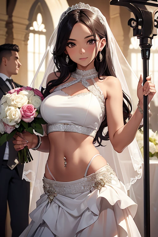 girl, crop top bridal dress showing navel, marry , holding a bouquet , navel piercing ,(((the groom stand next to her)))
