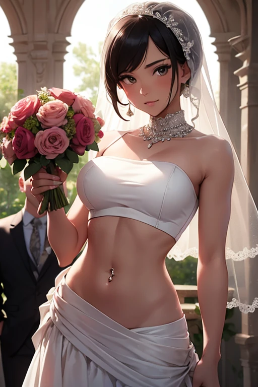 girl, crop top bridal dress showing navel, marry , holding a bouquet , navel piercing ,(((the groom stand next to her)))