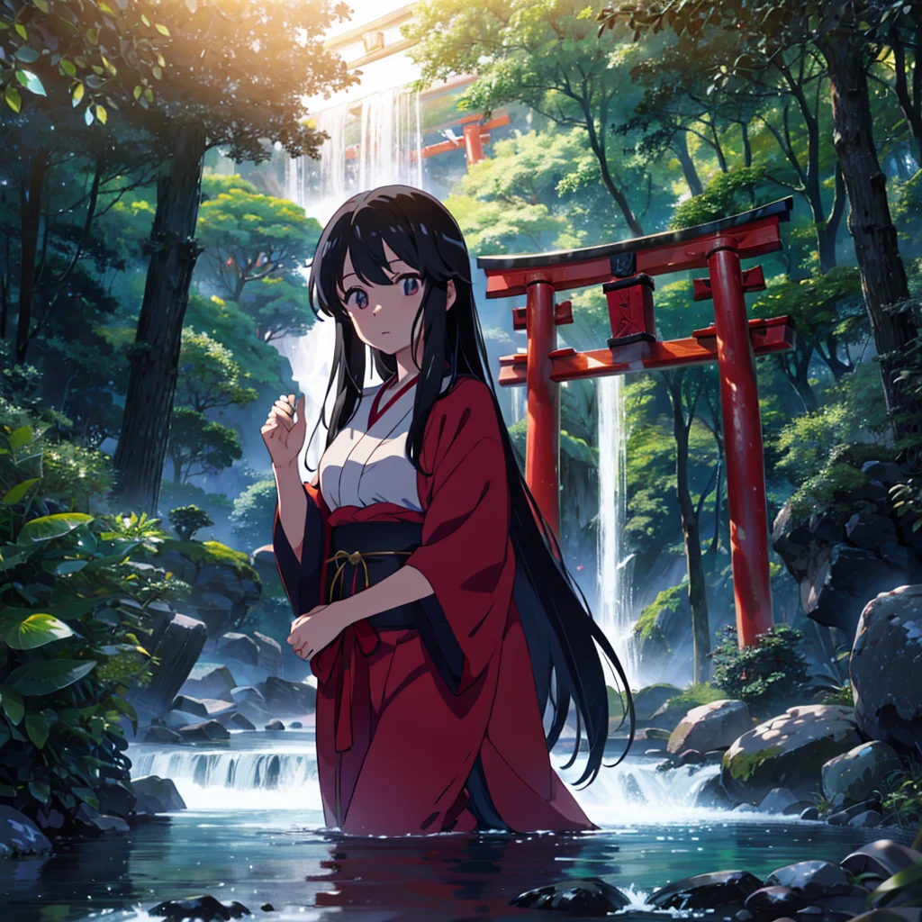 anime、Vibrant colors、Beauty、20-year-old、Rin々Shii、Calm、Black Hair、Long Hair、Straight Hair、The bangs are cut above the eyebrows、Narrow eyes、Slanted Eyes、Bright eyes、Sparkling eyes、Large Breasts、in the forest、shrine、10 large red torii gates、waterfall
