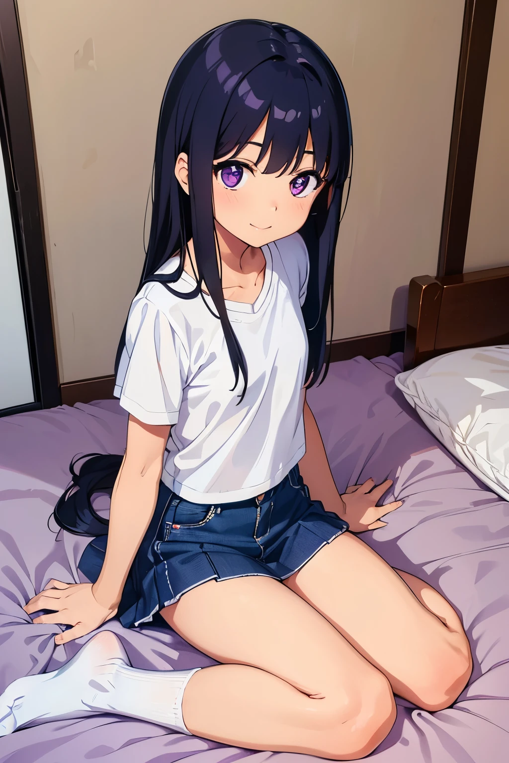 Countryside house, elementary school girl, 8 years old　Flat chest, black hair, long hair, purple eyes　smile　（one person）　Plain white short-sleeved T-shirt　Navy blue denim mini skirt　White panties（（I can see her panties）） White socks　Rokutami room　Sit on the bed　 Dynamic angle Low angle