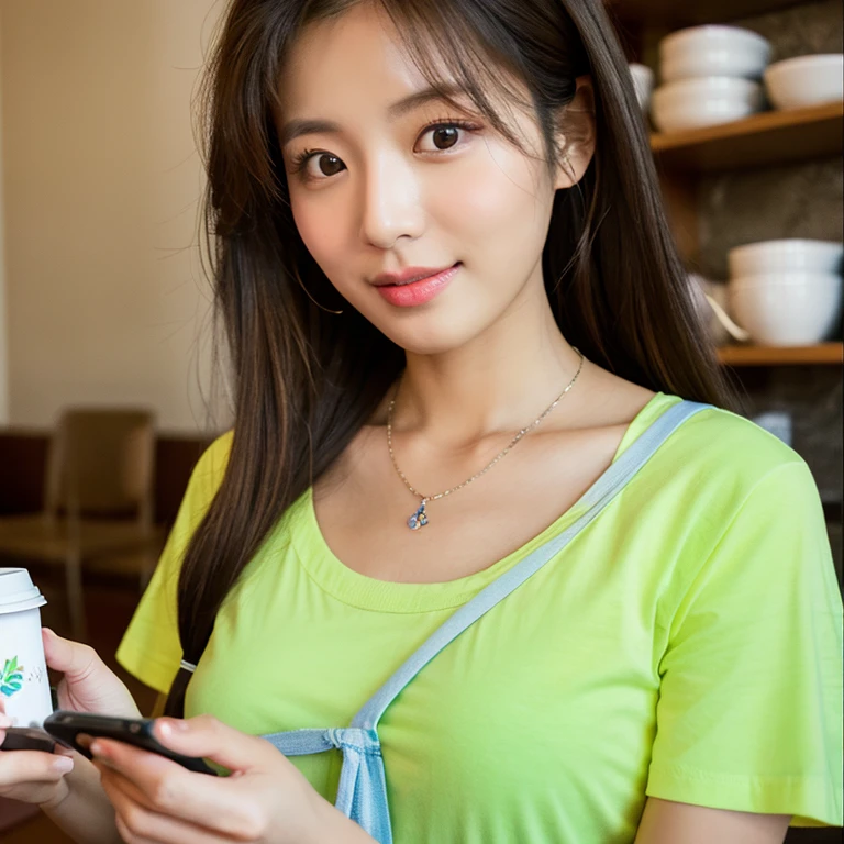 Shot with a high quality Fuji 45 camera.,000,000 pixels,) ) Realistic light colors ,) 16kUHD image, Close-up photo of a cute Korean woman,Chest size 38 inches, ponytail, There are flowers in my hair.,) Wear a light yellow T-shirt., necklace, With a mobile phone in a coffee shop