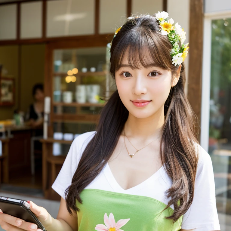 Shot with a high quality Fuji 45 camera.,000,000 pixels,) ) Realistic light colors ,) 16kUHD image, Close-up photo of a cute Korean woman,Chest size 38 inches, ponytail, There are flowers in my hair.,) Wear a light yellow T-shirt., necklace, With a mobile phone in a coffee shop