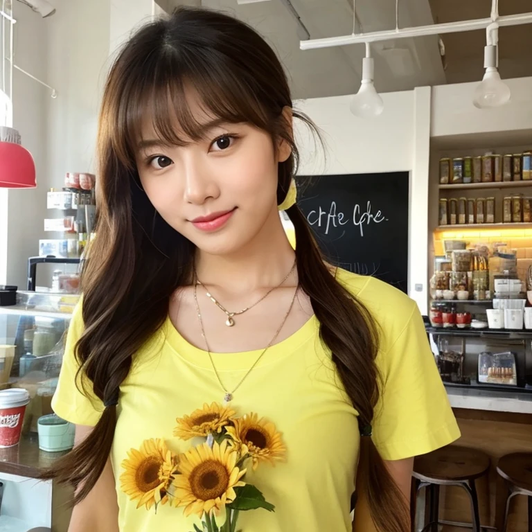 Shot with a high quality Fuji 45 camera.,000,000 pixels,) ) Realistic light colors ,) 16kUHD image, Close-up photo of a cute Korean woman,Chest size 38 inches, ponytail, There are flowers in my hair.,)  Wear a light yellow T-shirt., necklace, With a mobile phone in a coffee shop