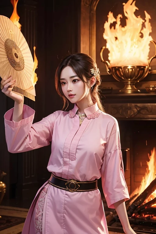 High Frequency: 1.8, Rich details, masterpiece, 8k, Beautiful priestess in a pink shirt standing in front of a fire, Dancing, Waving fan, The fan burns, Flames engulf the High Priestess, Burning battlefield background,  