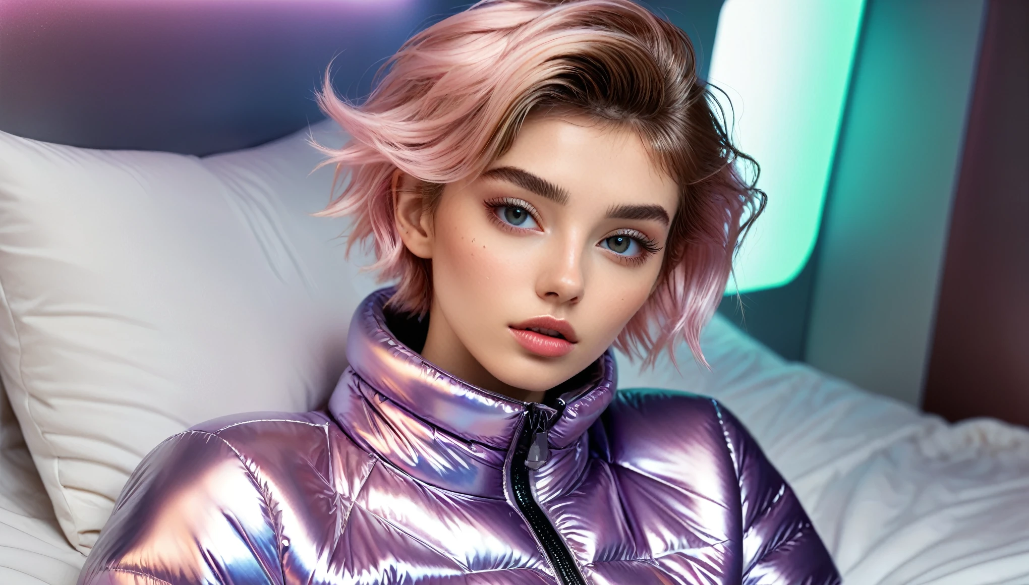 Top Quality, Masterpiece, High Resolution, 8k, wide objective, full body shot, ((skinny girl in a open shiny puffer with wide neckline, short sleeves, small perky breasts, extremely detailed face, detailed eyes, detailed lips, pixie asymmetrical hair, small hips, in a spaceship, on a bed, full body view, pastell colors))