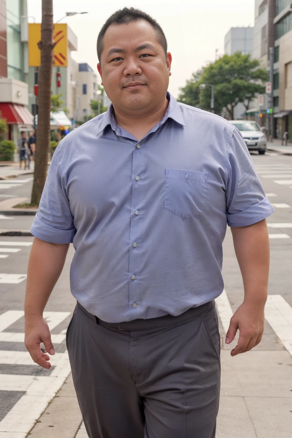 A Japanese plump male is 40 years old, walking on a pedestrian cross under the blazing sun, He wet him his grey pants, business white shirt, He is looking at viewer and scowling, round face:2, droopy eyes, thick thighs, erotic humiliation, Super detail, Anatomically correct, this image was taken with a medium telephoto lens, a silver ring on his left ring finger, office worker, bulgeJ8, smirking, medium hair, natural nerdy hair, He opens his mouth a little, 