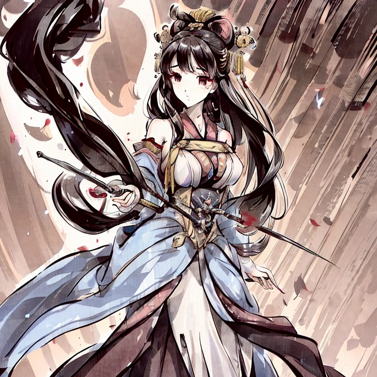 (best quality), Wulin Beauty,Beautiful handsome face,Beautiful girl in period costume,Holding a spear,The movements are elegant,Chinese ink painting style,tall and straight,courtesy,4k,Ancient hair style
