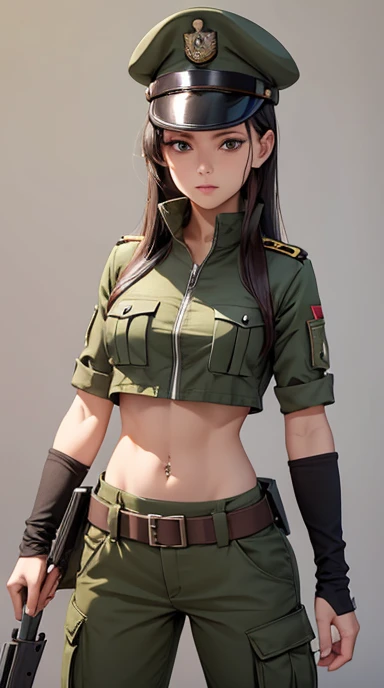 
Women in crop top soldier uniform, soldier hat,  exposed abdomen area, very low waist cargo pants, (navel piercing) , 45 years-old, high ranking , standing, 
