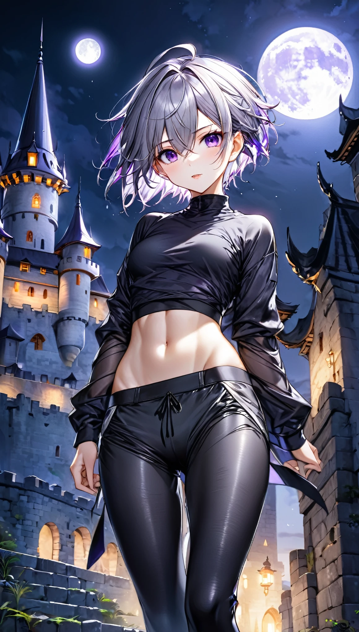 best quality, super fine, 16k, incredibly absurdres, extremely detailed, delicate and dynamic, cute boyish goddess, short bouncy silver messy hair, captivating look, aroused expression, purple eyes, (thin flat body line:1.3), black ninja-like outfit, cropped shirt, abs, knee-length pants, hiding in an old castle, night, moon light