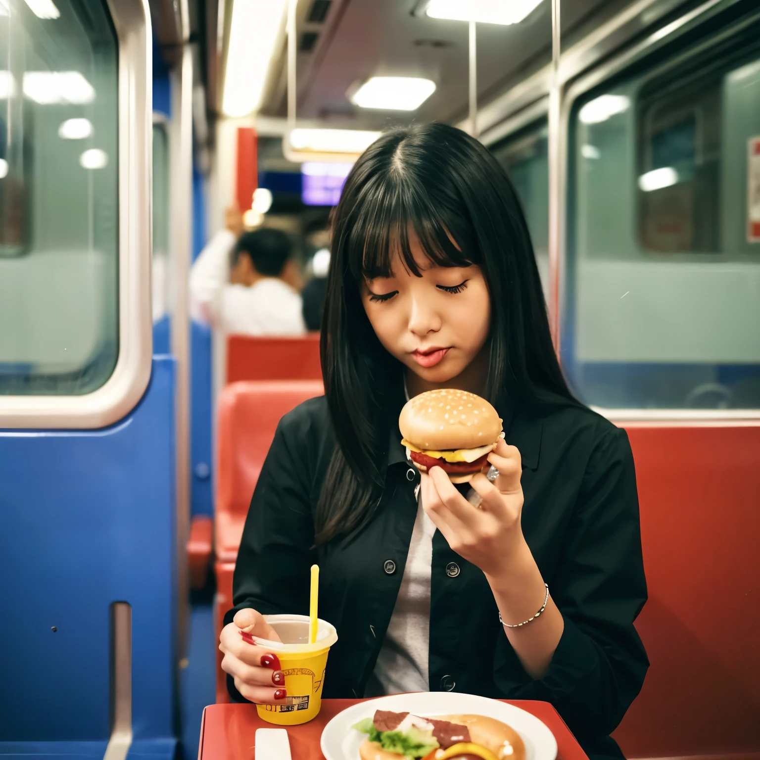 A person eating a hamburger on the train