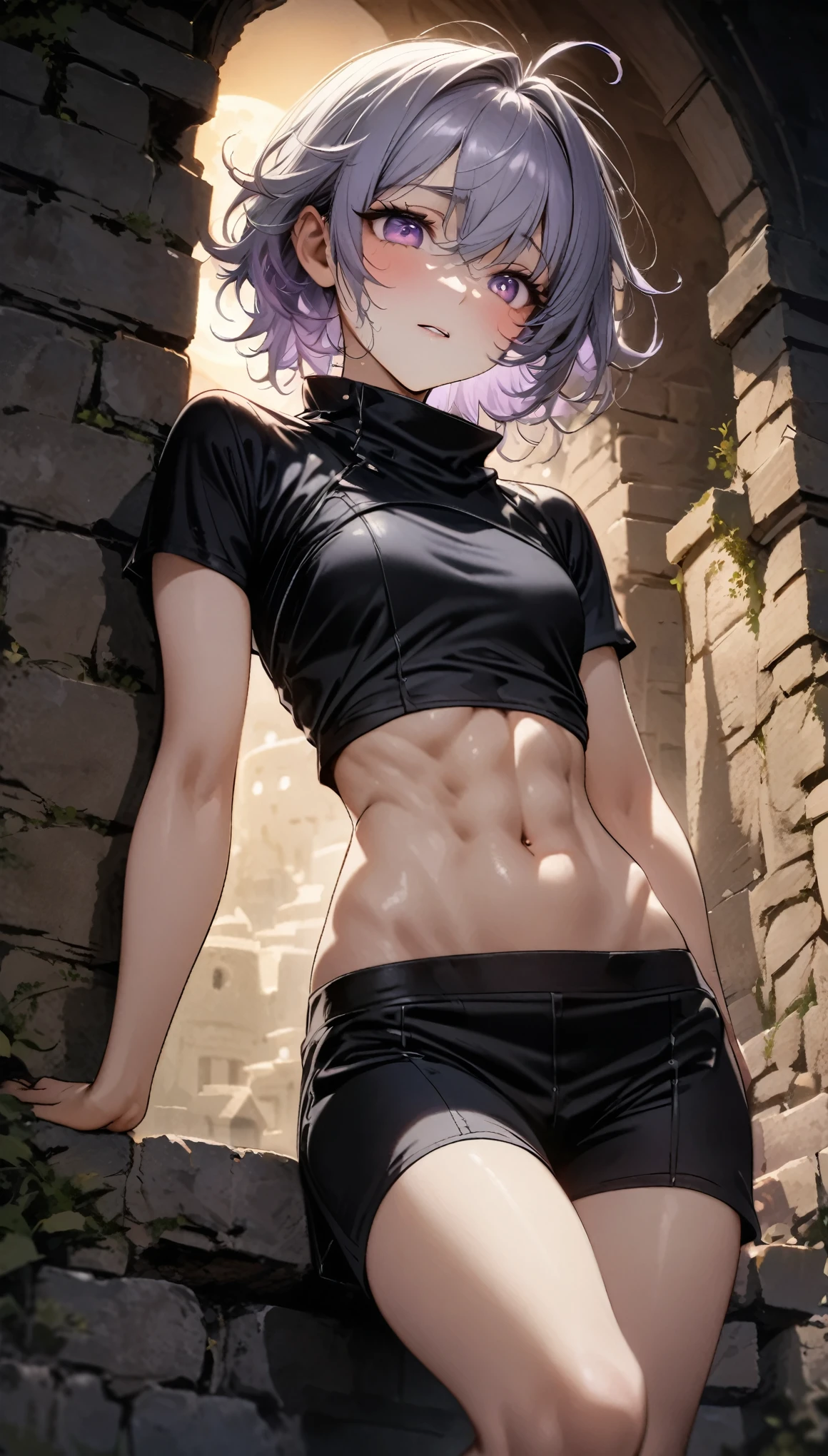 best quality, super fine, 16k, incredibly absurdres, extremely detailed, delicate and dynamic, cute boyish goddess, short bouncy silver messy hair, captivating look, aroused expression, purple eyes, (thin flat body line:1.3), black ninja-like outfit, cropped shirt, abs, knee-length short pants, hiding in an old castle, night, moon light