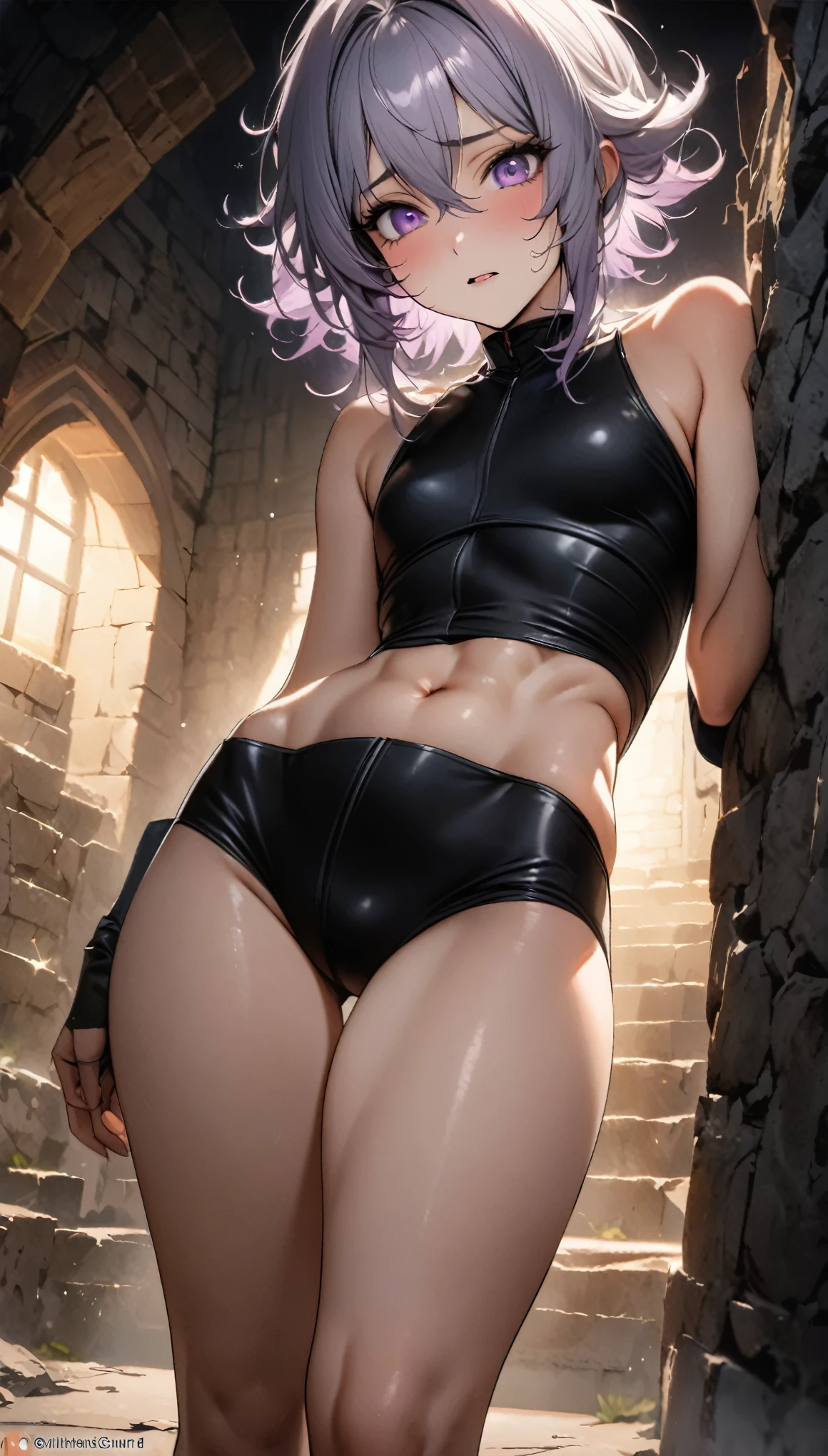 best quality, super fine, 16k, incredibly absurdres, extremely detailed, delicate and dynamic, cute boyish goddess, short bouncy silver messy hair, captivating look, aroused expression, purple eyes, (thin flat body line:1.3), black ninja-like outfit, cropped shirt, abs, knee-length short pants, hiding in an old castle, night, moon light