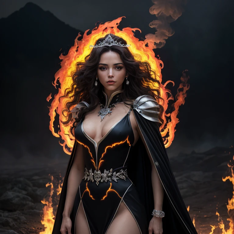 ((best quality)), ((masterpiece)), (detailed), perfect face, Venus, perfect body, full Torso, high tiara, body wrapped in flames style, psychedelic color, white smoke, transparent royal cloak, translucent, whirl wind, neon light, UHD, hair blow, fire hair, long waist hair, surrealism, epic realism, uphold hands, fire tornado background, dark night scene, dark moon