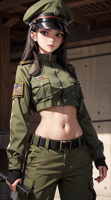 Women in crop top soldier uniform, soldier hat, exposed abdomen area, very low waist cargo pants, (navel piercing) , fat