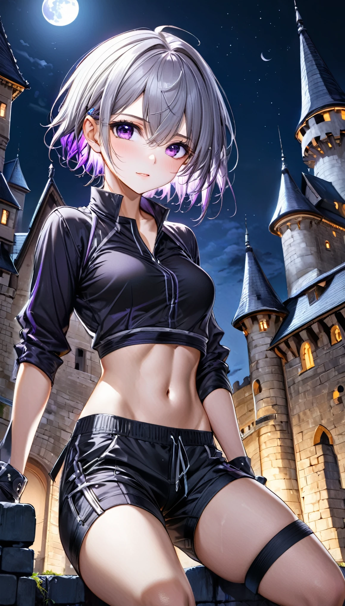 best quality, super fine, 16k, incredibly absurdres, extremely detailed, delicate and dynamic, cute boyish goddess, short bouncy silver messy hair, captivating look, aroused expression, purple eyes, (thin flat body line:1.3), black ninja-like outfit, cropped shirt, abs, knee-length short pants, hiding in an old castle, night, moon light