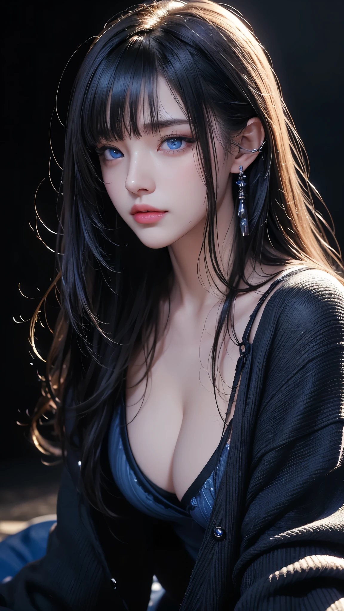 masterpiece, highest quality, Super detailed, Facing the camera, 複雑に詳細なSuper detailed, Realistic, Sharp features, Very detailed, Sharp focus, Perfect Face, Perfect Face, Perfect symmetrical perfect eyes, Perfect Plump Lips, Flexible female form, Cinematic, Film Light, Super detailed, hyper Realistic, masterpiece, Atmospheric, High resolution, Vibrant, Dynamic Studio Lighting, ((Dark Background)), The expression when receiving pleasure, Straight bangs, blue eyes,Black sweater, Cowboy Shot,The cleavage is visible