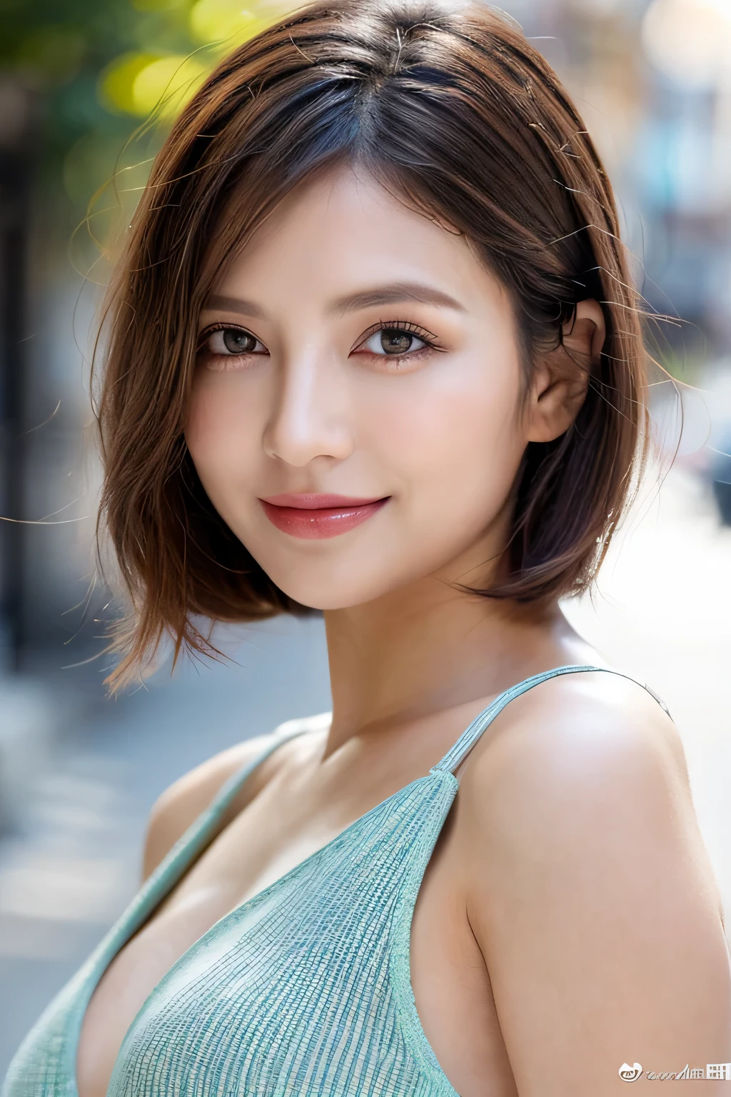 (8k, RAW Photos, highest quality, masterpiece, Realistic, Realistic), (1 female), (The ultimate beautiful middle-aged woman), Highly detailed face, (Perfect Teeth), Beautiful Eyes, double eyelid, eyelash, smile, Lip details, (Neat brunette bob), The light shines on your face, Big Breasts, ((Colorful mini dresses)), (front view), (background: none),  Background blur