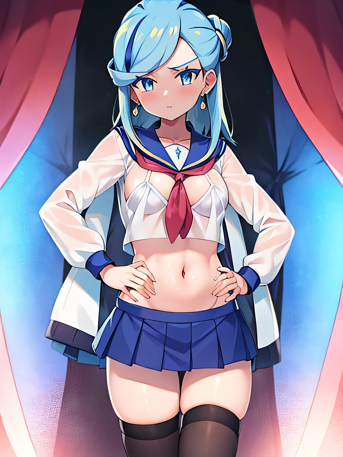 Pokemon、Snow Mountain、Pokemon Scarlet Violet、Grusha、alone、1 person、Flat Chest、chest、Napeyama Gym Leader。Absolute Zero Trick、Ice Pokémon Trainer、Her hairstyle is long, Light blue, Half Up, There is a yellow gradient:1.5.Stand up.((Gal、Puffy nipples、Cleavage、jewelry、Earrings、Open clothes、Tied Shirt、Tent shirt、Unbuttoned shirt、shirt knot、Black knee socks、See-through、Pleated skirt))、((School uniform、uniform、Sailor suit、belly button、Very short mini skirt、Mini skirt showing panties)、