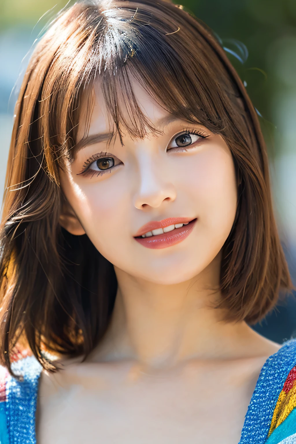 (8k, RAW Photos, highest quality, masterpiece, Realistic, Realistic), (1 female), (Ultimate beauty), Highly detailed face, (Perfect Teeth), Beautiful Eyes, double eyelid, eyelash, smile, Lip details, (Neat brunette bob), The light shines on your face, Big Breasts, ((Colorful mini dresses)), (front view), (background: none), Background blur