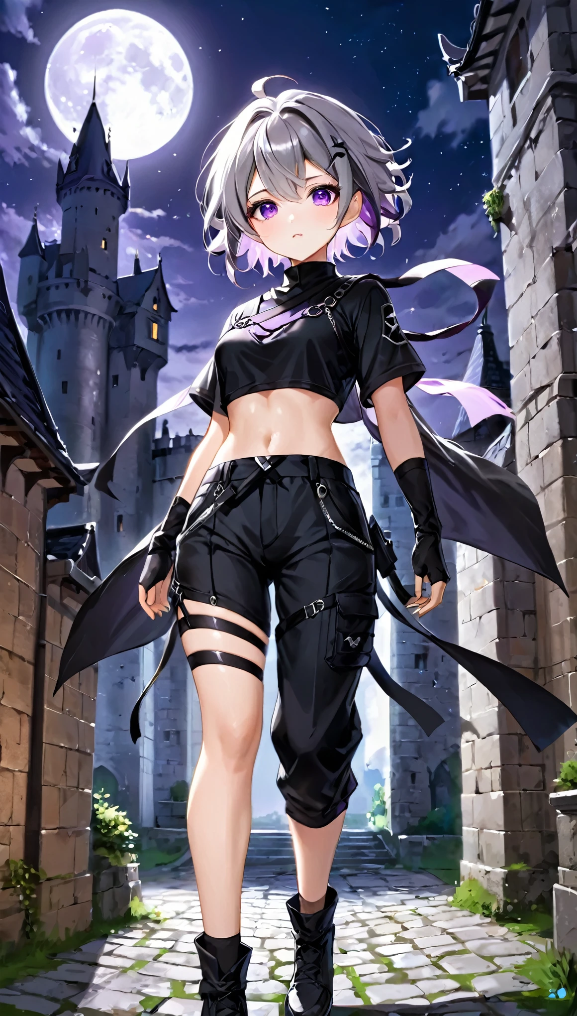 best quality, super fine, 16k, incredibly absurdres, extremely detailed, delicate and dynamic, cute boyish goddess, short bouncy silver messy hair, captivating look, aroused expression, purple eyes, (thin flat body line:1.3), black ninja-like outfit, cropped shirt, abs, knee-length short pants, hiding in an old castle, night, moon light