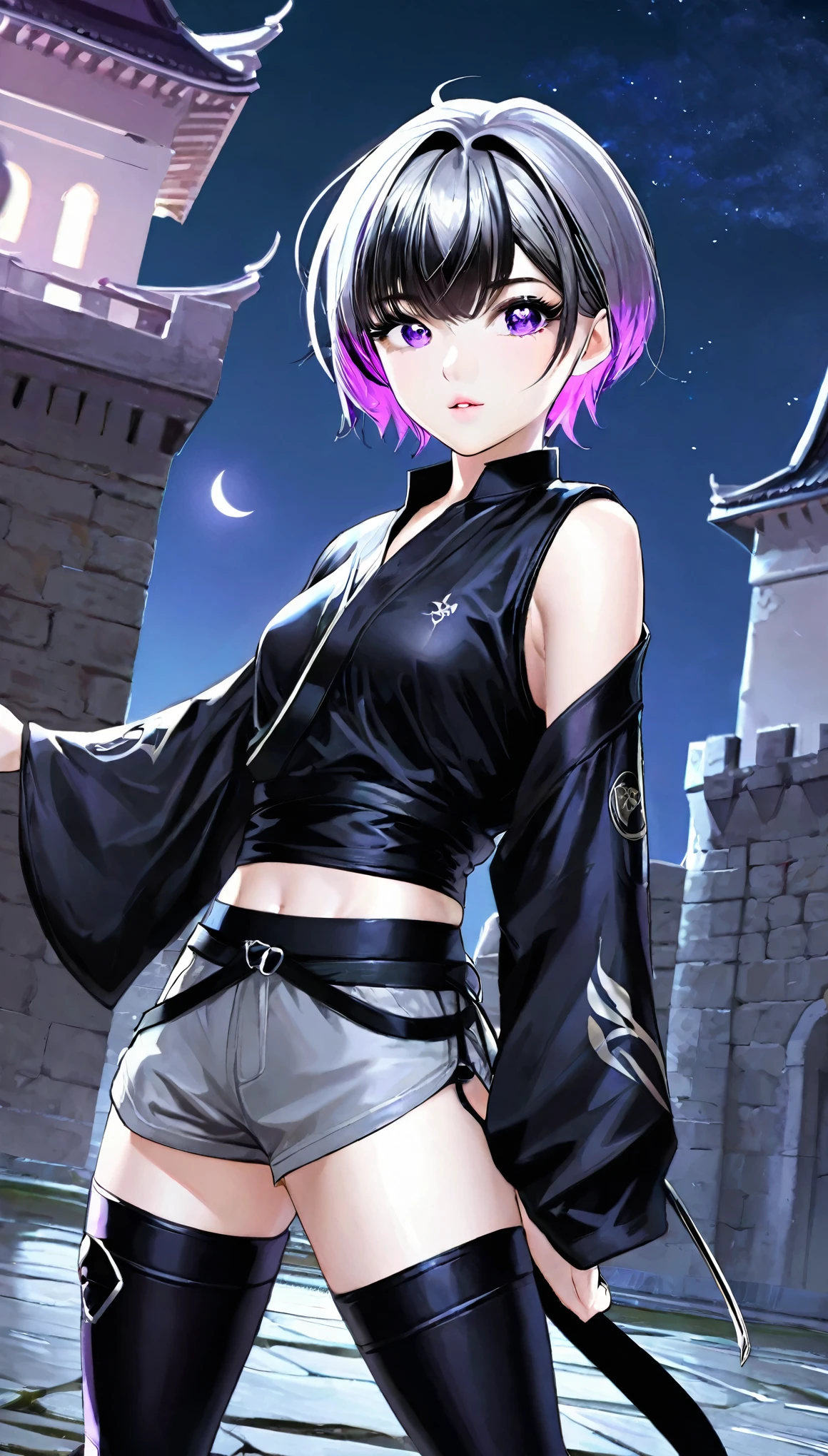 best quality, super fine, 16k, incredibly absurdres, extremely detailed, delicate and dynamic, cute boyish goddess, short bouncy silver messy hair, captivating look, aroused expression, purple eyes, (thin flat body line:1.3), black ninja-like outfit, cropped shirt, abs, knee-length short pants, hiding in an old castle, night, moon light