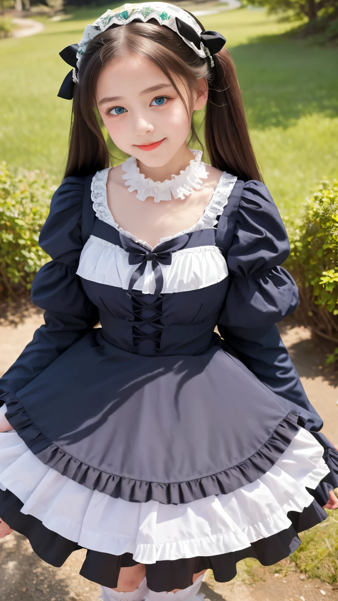((Real Photo Quality))、((masterpiece)), ((highest quality、Ultra high definition)), (Very detailed),8K、Photo quality、(((Amazingly cute girl))), , (Beautiful emerald blue eyes), (smile),Glossy lips、In the open-air bath overlooking the sea, Beautifully arranged black hair in twin tails、Lace fabric ribbon、whole body、((Super high-end white see-through summer gothic lolita maid costA super mini skirt with lots of frills))、Professional Lighting、(White lace knee-highore detailed and beautiful)、(More details and cutenesore realistic)、