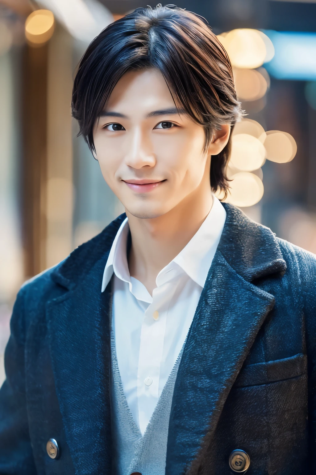 (Perfect quality, 8k, Masterpiece :1.3), 1man, A Japanese individual blending features of Koichi Domoto, Daisuke Sakuma from Snow Man, and the Thai actor Bright: 1.3, Medium-length hair with a slight wave: 1.2, Fashionable business attire: 1.2, Deep-set eyes with a hint of mischief: 1.2, Strong jawline and pronounced cheekbones: 1.2, Smile suggesting maturity and charisma, Age 20-25, Standing in a bustling cityscape, (Exuding confidence and charm)

Or,