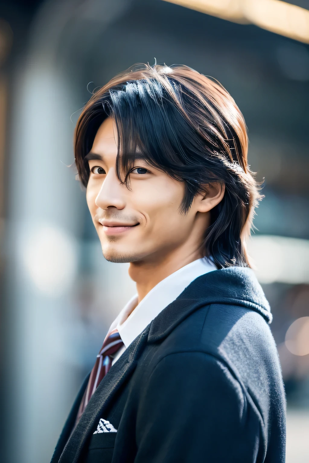 (Perfect quality, 8k, Masterpiece :1.3), 1man, A Japanese individual blending features of Koichi Domoto, Daisuke Sakuma from Snow Man, and the Thai actor Bright: 1.3, Medium-length hair with a slight wave: 1.2, Fashionable business attire: 1.2, Deep-set eyes with a hint of mischief: 1.2, Strong jawline and pronounced cheekbones: 1.2, Smile suggesting maturity and charisma, Age 20-25, Standing in a bustling cityscape, (Exuding confidence and charm)

Or,