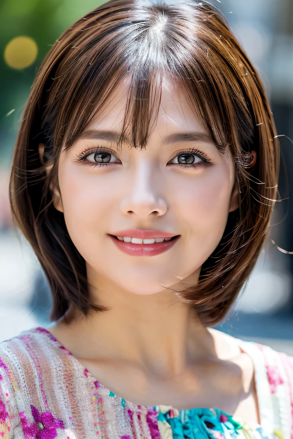 (8k, RAW Photos, highest quality, masterpiece, Realistic, Realistic), (1 female), (The ultimate beautiful middle-aged woman), Highly detailed face, (Perfect Teeth), Beautiful Eyes, double eyelid, eyelash, smile, Lip details, (Neat brunette bob), The light shines on your face, Big Breasts, ((Colorful mini dresses)), (front view), (background: none), Background blur