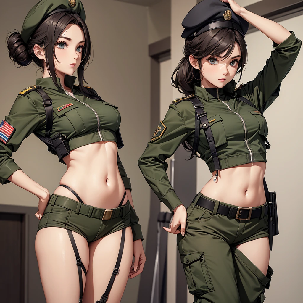 
Women in crop top soldier uniform, soldier hat,  exposed abdomen area, very low waist cargo pants, (navel piercing) , fat