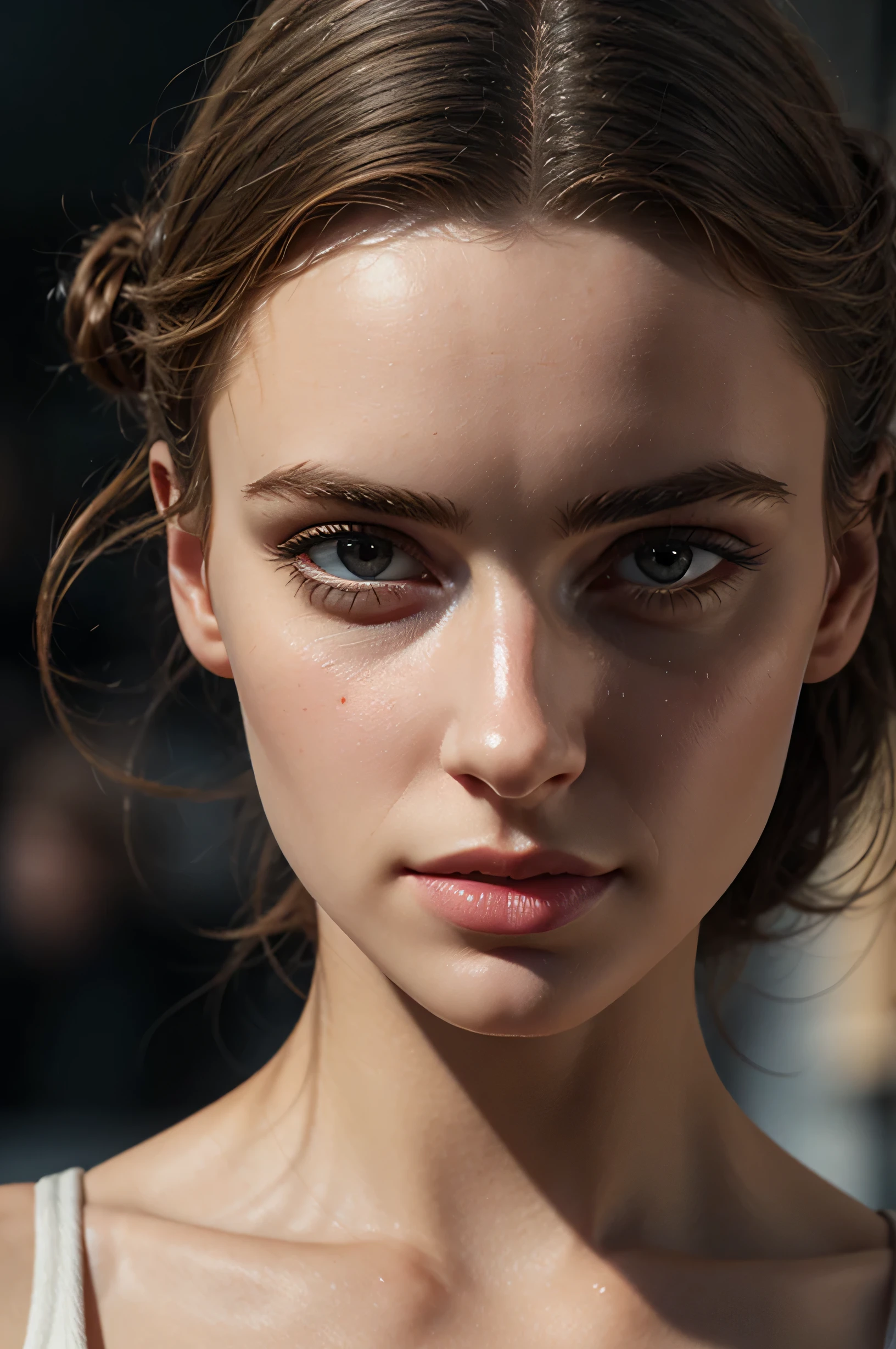 a close-up image of a beautiful woman, 25 years old, direct eye contact, mystical stare, extra eye focus, glimmering eyes, realistic skin, super defined and contoured lip contour, tanned Skin, beautiful face, no makeup, no eyeliner, no eyelashes, (eyelashes not be visible), (should not be visible), Closed lips, voluminous lips, small eyes, super defined and detailed eyebrows, extremely symmetrical face, Hair tied back, extremely fine details, Ultra defined realism, ultra HD 8K resolution, extremely realistic and detailed skin, no visible shadows, defined eyebrows, substance painter render, (Hair cannot be in front of the face), 8k, best quality, masterpiece, realistic, ultra detail, photo realistic, hyper realistic, smoother lighting, increase cinematic lighting quality, realistic lighting, backlighting, brightening light, Increase quality, best quality real texture skin, close-up, slender, mystical background