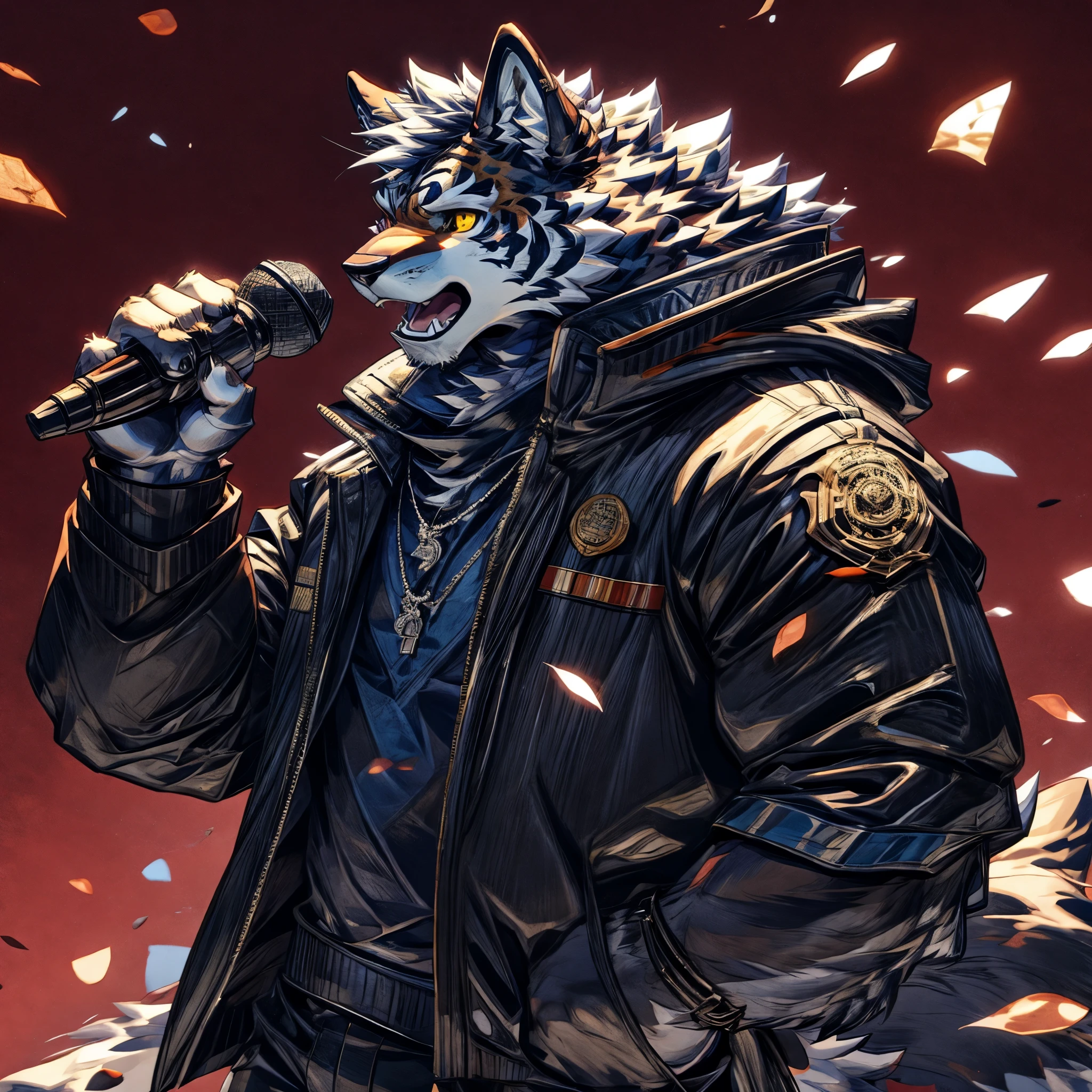 masterpiece,High quality,furry,one man,(wolf&Tiger),(geen fur),yellow eye,blue jacket,(I seriously sing with a microphone),open your mouth wide,cyber punk,perfect background