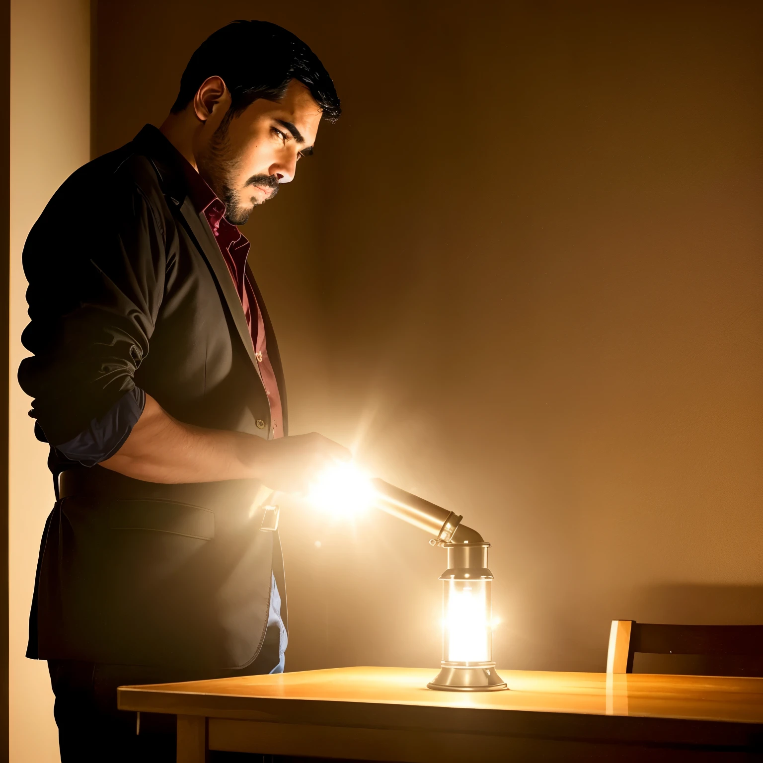 Hombre de tez oscura, maduro y con una apariencia desafiante de detective, 36 year old sitting in a smoking police chair in a dark studio, light coming from a single lamp. The detective is staring through a telescope, con un aire serio en su rostro. Details like the silver hammer on his belt and the scattered dust on his shoes suggest that he has been working exhaustively on a case.. The scene is projected on a wall behind him, iluminada por