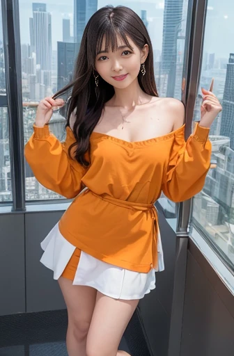 a lot of details, (slender waist), 30 years old, detailed black hair, beautiful detailed hair, super fucking beautiful, complex details beautiful and delicate eyes, perfect hands, (small breasts best quality), perfect and delicate limbs, detailed skin, best quality, ultra-detailed,
delightful, cheerful grin, standing, medium hair, off shoulder, orange Clothes,white skirt, japanese, in the city, (Standing on the transparent floor of a skyscraper, you can see the city and roads beneath your feet:1.3),full body shot, from front, aerial view