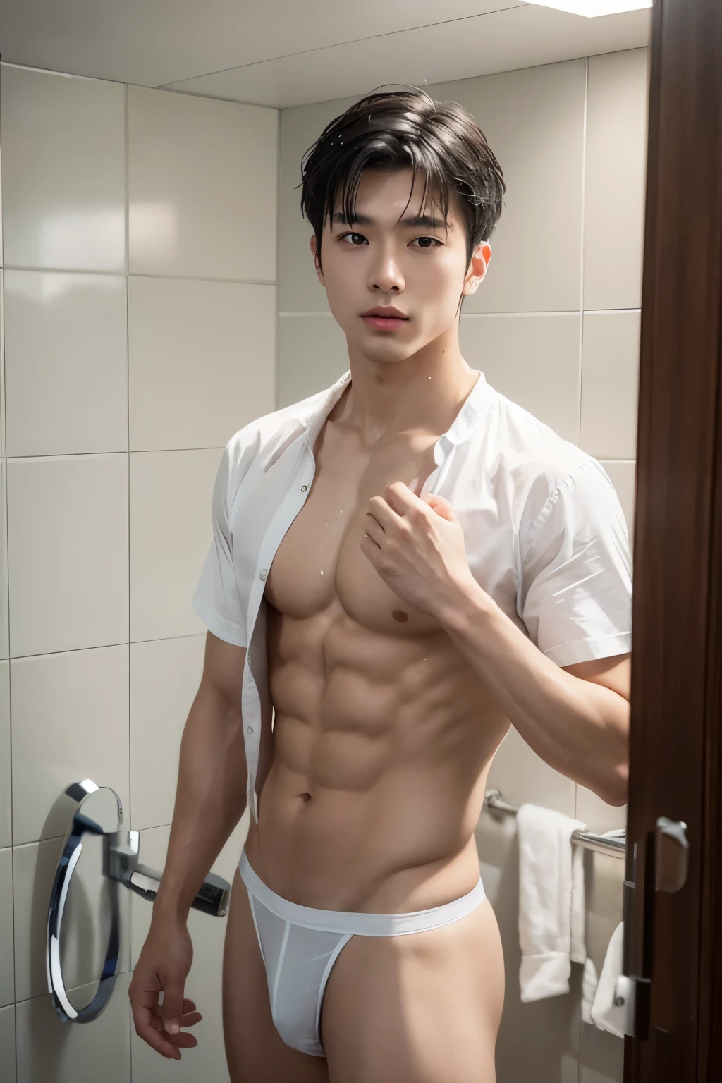 ( (8K:1.27), 4K,best qualtiy, tmasterpiece, 超A high resolution:1.2) Photos of Japan men, Young men,Perfect face,perfect bodies,White shirt,white micro thong, Clothes see-through,Expose your abs,realskin,super detailing,Gesture to take off the shirt、One Man、Perfect skin detail、One Man、Shower room,(Solo: 1.2)