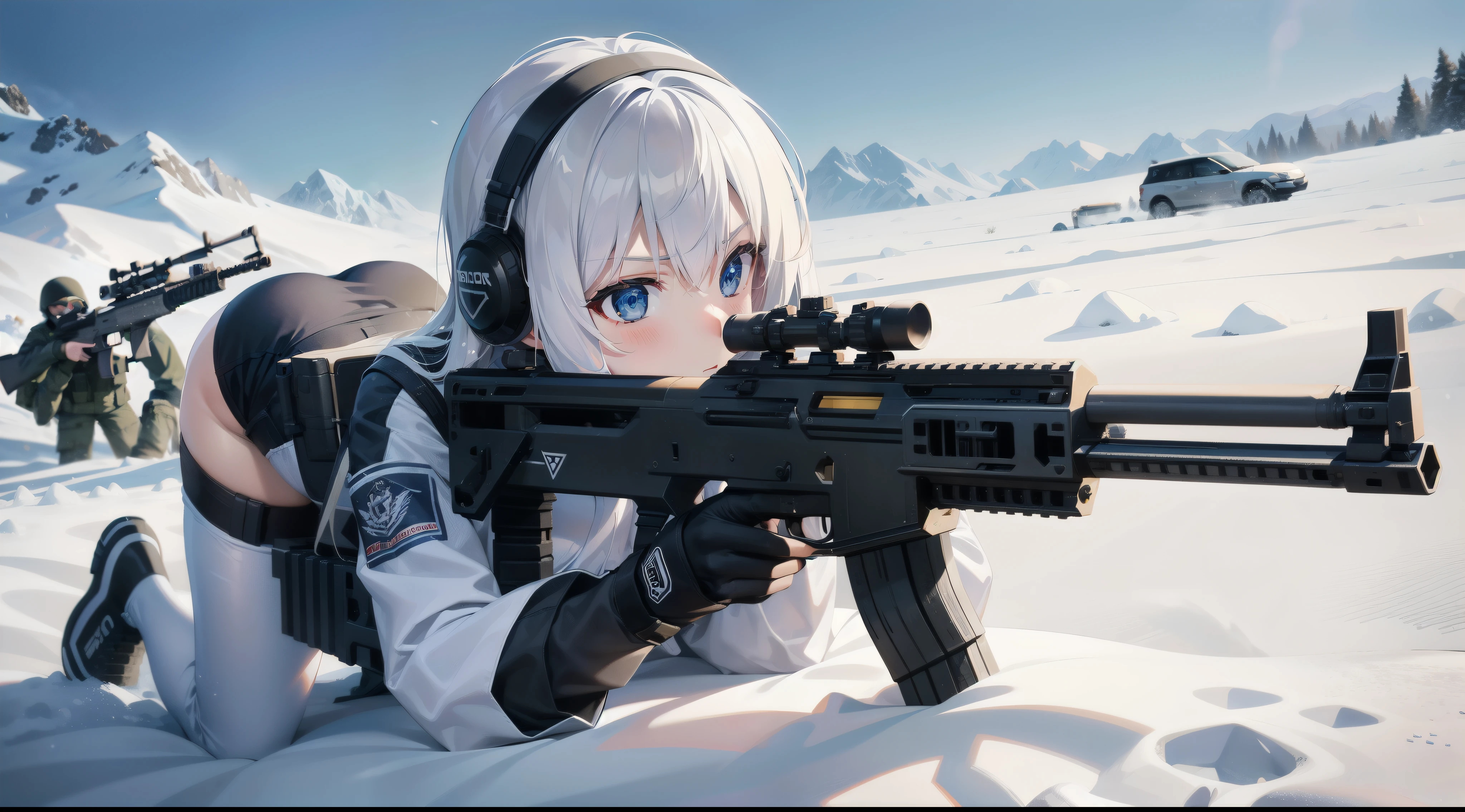 gun girl, special force, special operation, aiming at the enemy, assault rifle, white clothes, snow mountain, full body