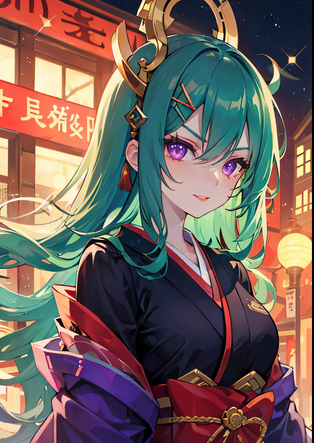 ((Detailed、Sparkling Night、Glittering、Red light district、))Oiran道中、Green Hair、Slit eyes、Gorgeous red eyeshadow、Bright red lips、Strong Will、Purple Eyes、Red and gold kimono、Oiran、Gorgeous hair accessories、12 Hairpins、front、Upper Body、Glowing Skin、Smiling face、Face close-up、The gaze of the viewer、White skin、Multiple layers of kimono、Glaring eyes、Bad face、Date Hyogotaka、