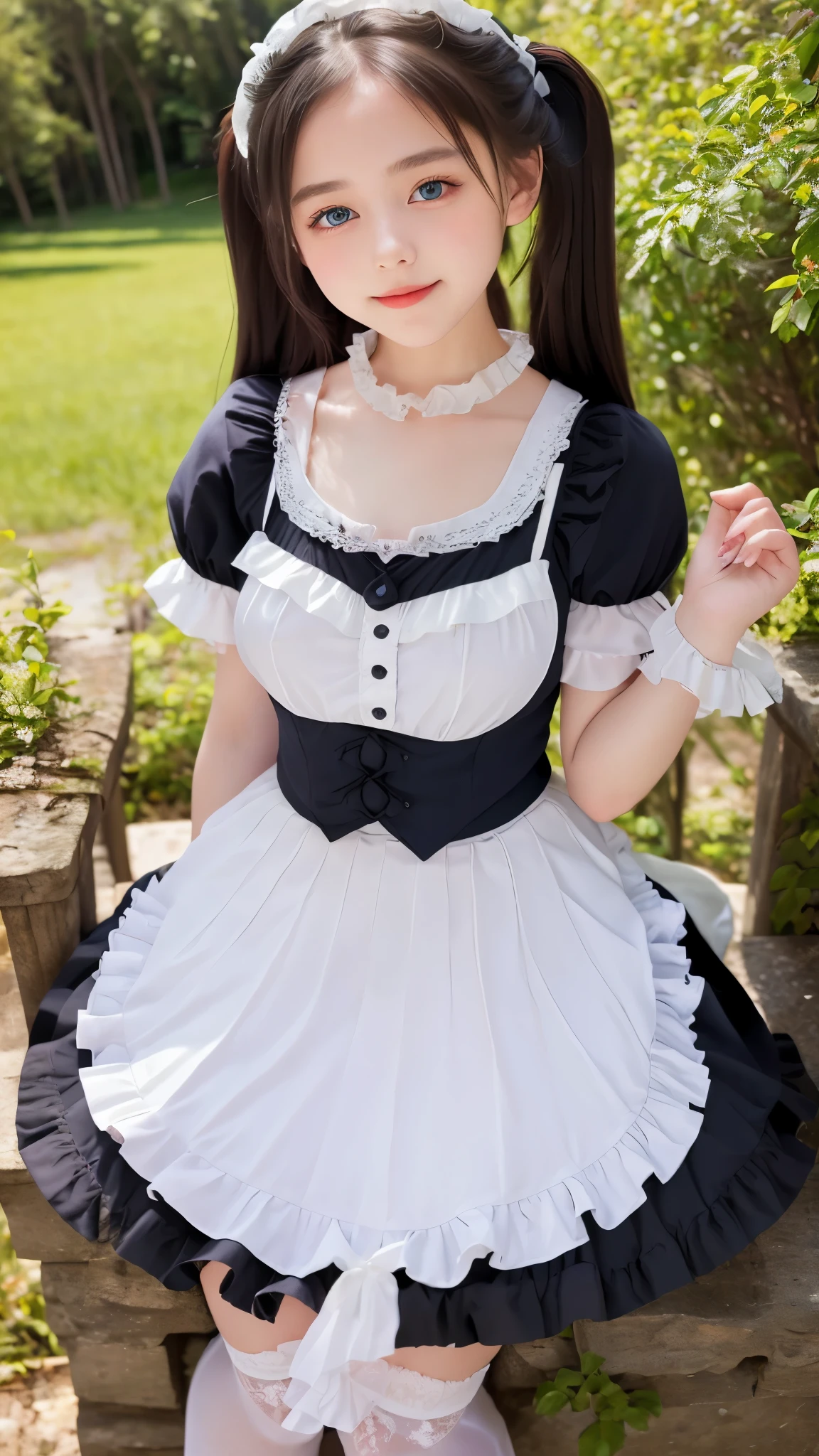 ((Real Photo Quality))、((masterpiece)), ((highest quality、Ultra high definition)), (Very detailed),8K、Photo quality、(((Amazingly cute girl))), 16-year-old girl, (Beautiful emerald blue eyes), (smile),Glossy lips、In the open-air bath overlooking the sea, Beautifully arranged black hair in twin tails、Lace fabric ribbon、whole body、((Super high-end white see-through summer gothic lolita maid costume、A super mini skirt with lots of frills))、Professional Lighting、(White lace knee-highore detailed and beautiful)、(More details and cutenesore realistic)、