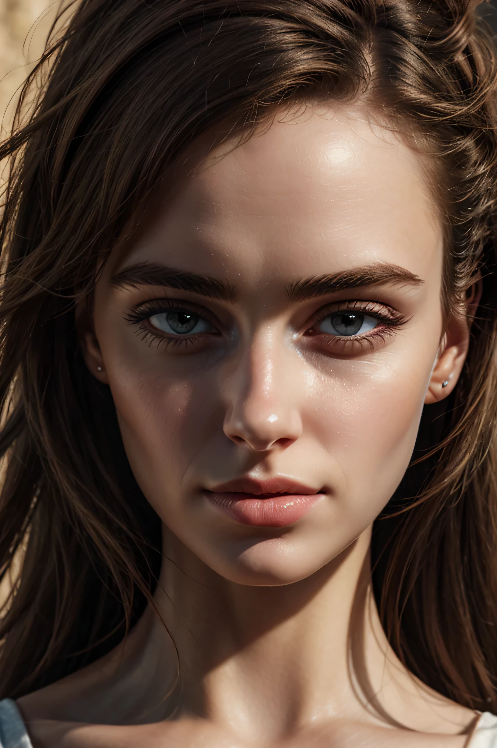 a close-up image of a beautiful woman, 25 years old, direct eye contact, mystical stare, extra eye focus, glimmering eyes, realistic skin, super defined and contoured lip contour, tanned Skin, beautiful face, no makeup, no eyeliner, no eyelashes, (eyelashes not be visible), (should not be visible), Closed lips, voluminous lips, small eyes, super defined and detailed eyebrows, extremely symmetrical face, Hair tied back, extremely fine details, Ultra defined realism, ultra HD 8K resolution, extremely realistic and detailed skin, no visible shadows, defined eyebrows, substance painter render, (Hair cannot be in front of the face), 8k, best quality, masterpiece, realistic, ultra detail, photo realistic, hyper realistic, smoother lighting, increase cinematic lighting quality, realistic lighting, backlighting, brightening light, Increase quality, best quality real texture skin, close-up, slender, mystical background