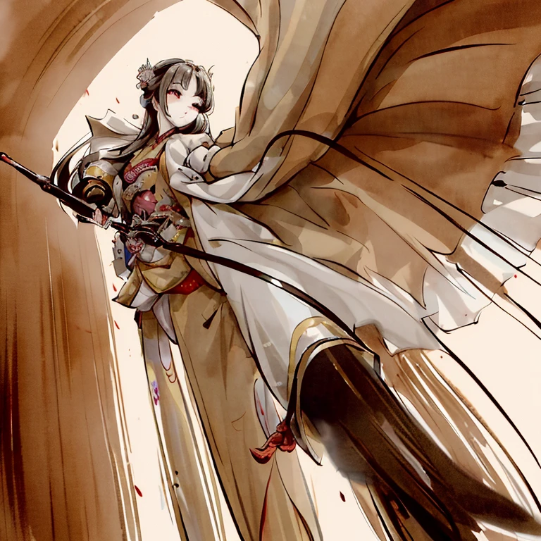 (best quality), Wulin Beauty，Nice and handsome face，Beautiful girl in period costume，Armed with a spear，The movements are elegant，Chinese ink painting style，tall and straight，courtesy，4k，Background of the Royal Palace