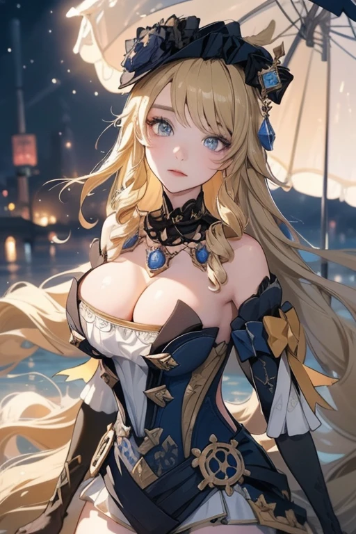 [navia (genshin impact)]:1.5,((masterpiece,highest quality,Highly detailed images,Beautiful images))1.4(navy images、A dynamic pose、night scene、A magical night city、Overall dim lighting、Backlight、A fantastic atmosphere、Thick Fog、Dust flutters)1.3,(Close-up image of navia)1.1、(Great cleavage、Exposing cleavage):1.2
