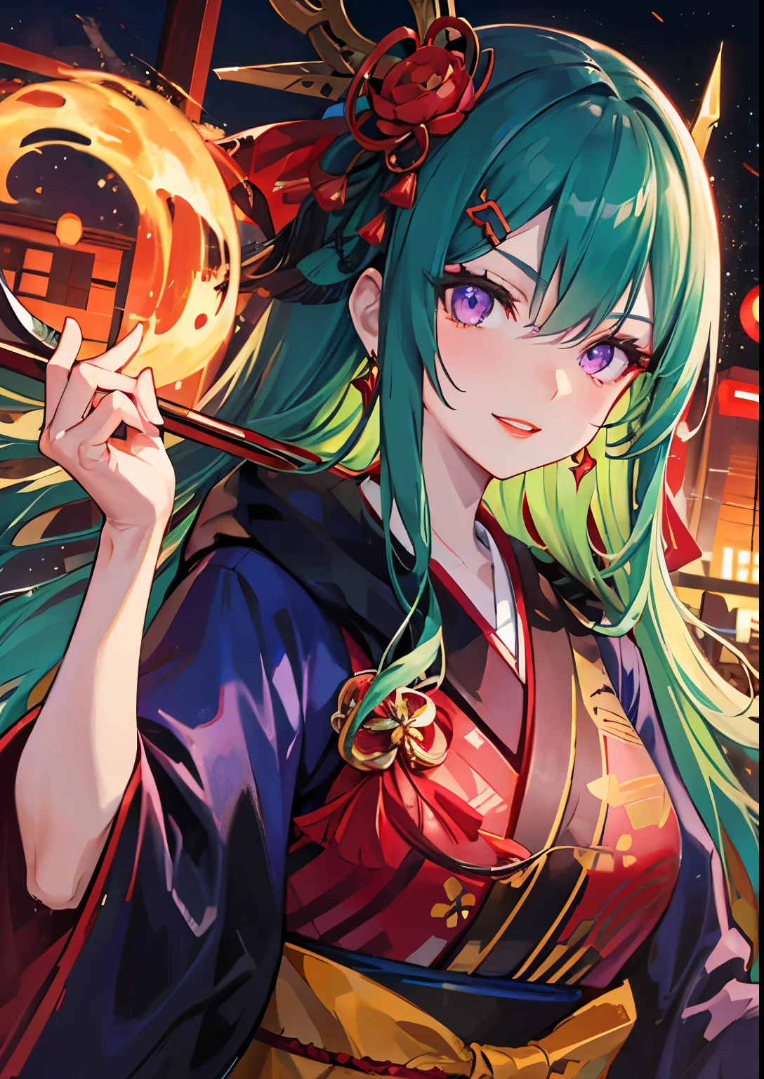 ((Detailed、Sparkling Night、Glittering、Red light district、))Oiran道中、Green Hair、Slit eyes、Gorgeous red eyeshadow、Bright red lips、Strong Will、Purple Eyes、Red and gold kimono、Oiran、Gorgeous hair accessories、12 Hairpins、front、Upper Body、Glowing Skin、Smiling face、Face close-up、The gaze of the viewer、White skin、Multiple layers of kimono、Glaring eyes、Bad face、Date Hyogotaka、Oiranの髪型、